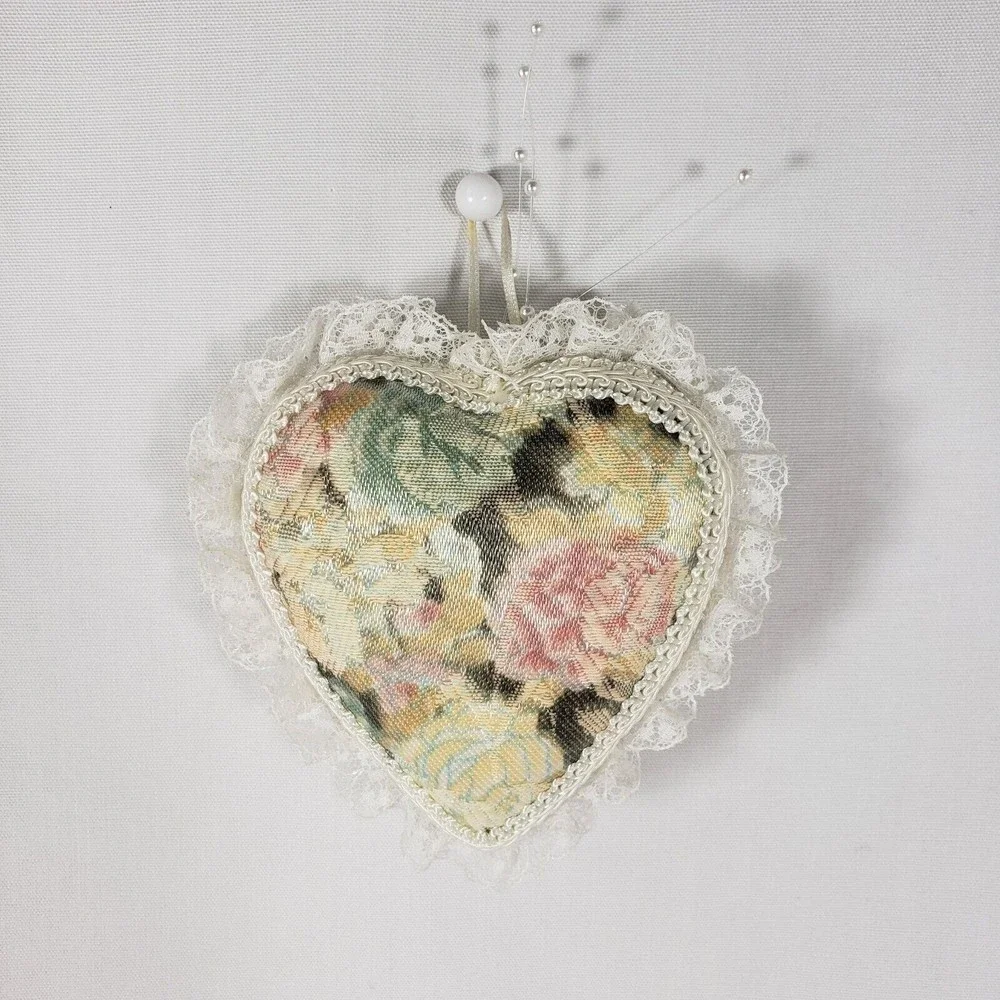 Vintage Christmas Ornament Heart‎ Shape Decorated With Fabric Floral Pattern VGC